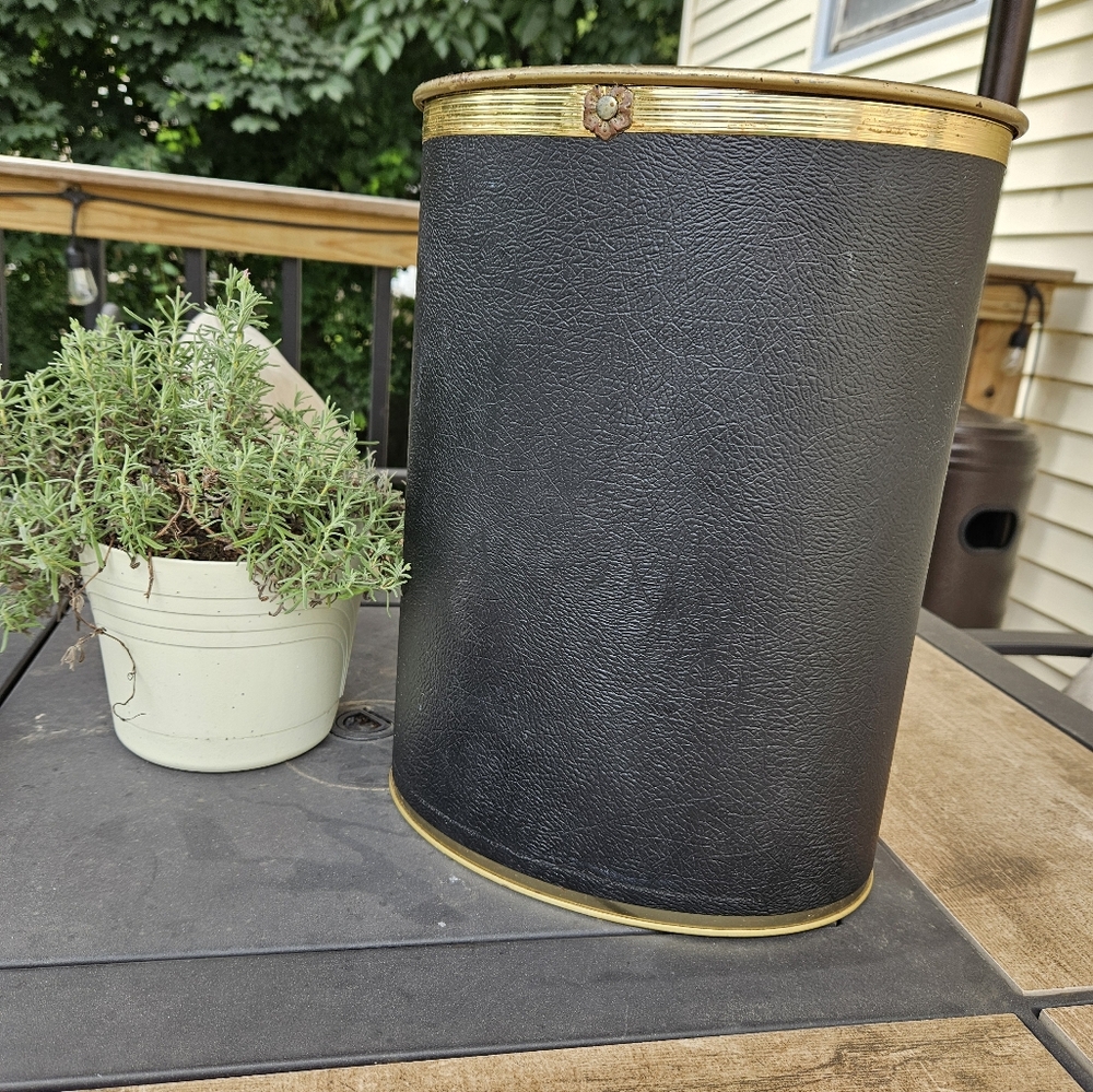 True Vintage, PEARL-WICK, Black Vinyl w/Gold Accents Metal Trash Receptacle